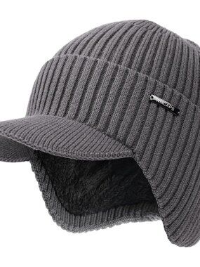 Unisex Charcoal Gray Knit Beanie With Brim Ear Flaps Winter Classic Stocking Cap